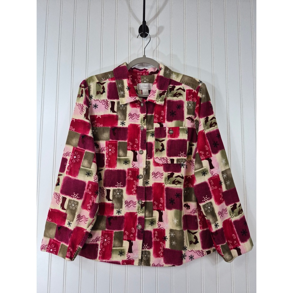 CJ Banks Corduroy Button Down Shirt Womens XL Patchwork Snowflake Boot Print